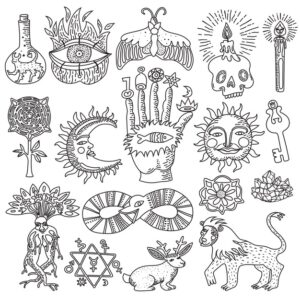 monochrome doodle set trendy magic tattoo designs isolated white background 98292 7608 -