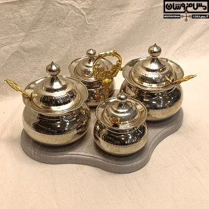 جا ادویه مسی پایه کوتاه ۴تایی مربع مدل راش جا ادویه مسی و بانکه مسی پاسماوری مسی مدل 4پر