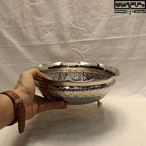 شکلات خوری مسی 3 پایه آبکاری کروم طرحدار مدل هنری _ شکلات خوری مسی جدید _ ظروف پذیرایی مسی _ عکس شکلات خوری مسی _ سرویس پذیرایی آبکاری کروم
