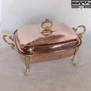 سوفله خوری مسی مستطیلی زنجان نانو | مرغ خوری مس درب دار دسته برنجی | پایه بلند | سایز 1 _ قطر 22*26 | مدل کترینگ