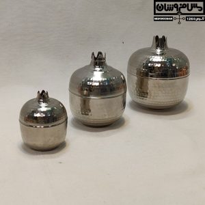سرویس قندان انار مسی کروم مدل یلدا | سه سایز کامل قندان مسی انار کروم (کوچک، متوسط، بزرگ) چکشی زنجان نانو