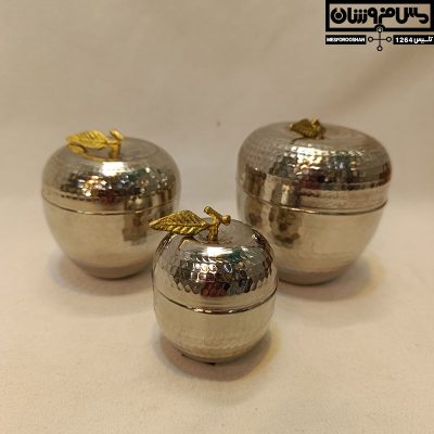 سرویس قندان مسی سیب کروم مدل اپل شامل سایز ۱، ۲ و ۳، بدنه مسی با آبکاری روکش کروم و چکشی زنجان