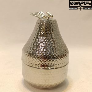 قندان مسی گلابی کروم مدل گلاب، بدنه چکشی زنجان با روکش آبکاری کروم براق، مناسب قند و نقل