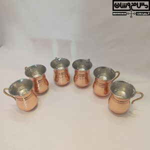 لیوان مسی چکشی زنجان ست ۶ تایی مدل چم، لیوان کمر باریک طرح ترک با دسته برنجی، نانو شده مناسب پذیرایی و هدیه