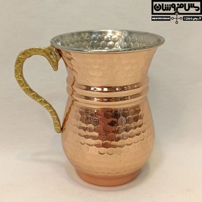 لیوان مسی چکشی زنجان مدل چم، لیوان کمر باریک مسی طرح ترک با دسته برنجی