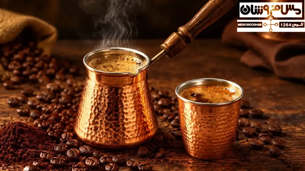 ست جذوه مسی ارمنی و فنجان شات مسی چکشی دست ساز مس فروشان ویژه تبریک روز جهانی قهوه