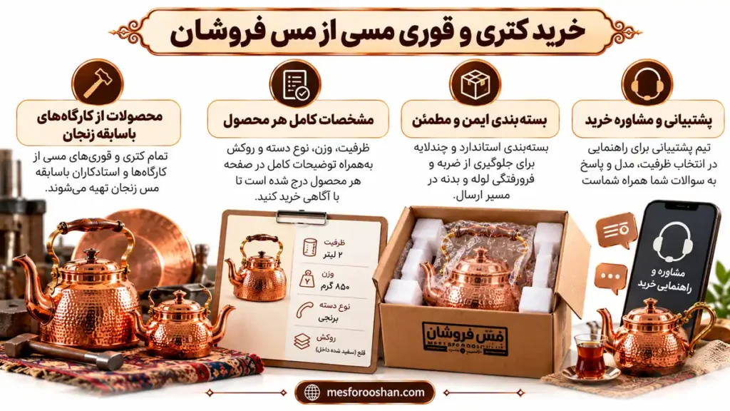 خرید کتری و قوری مسی از مس فروشان با تأکید بر کیفیت ساخت، مشخصات محصول، بستهبندی ایمن و پشتیبانی خرید