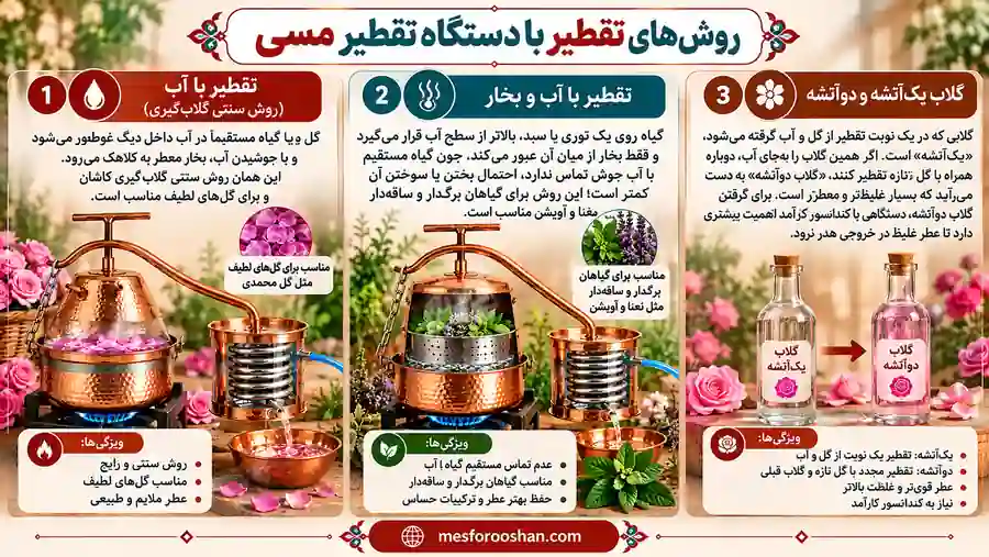 روش‌های تقطیر با دستگاه مسی شامل تقطیر با آب، آب و بخار و تهیه گلاب دوآتشه