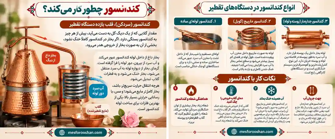 نحوه عملکرد کندانسور مسی و انواع سردکن در دستگاه تقطیر مسی