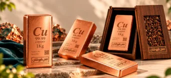 شمش مس یک کیلوگرمی 99.99 مس فروشان با شماره سریال و کد QR در جعبه چوبی مشبک مناسب هدیه