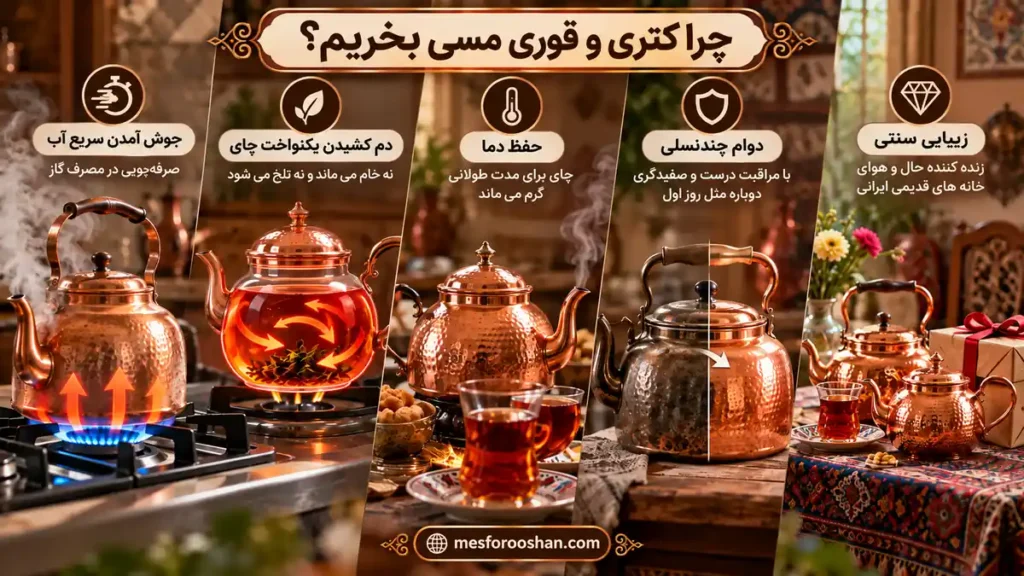 کتری و قوری مسی و مزایای آن شامل جوش آمدن سریع آب، دم کشیدن یکنواخت چای، حفظ دما، دوام بالا و زیبایی سنتی