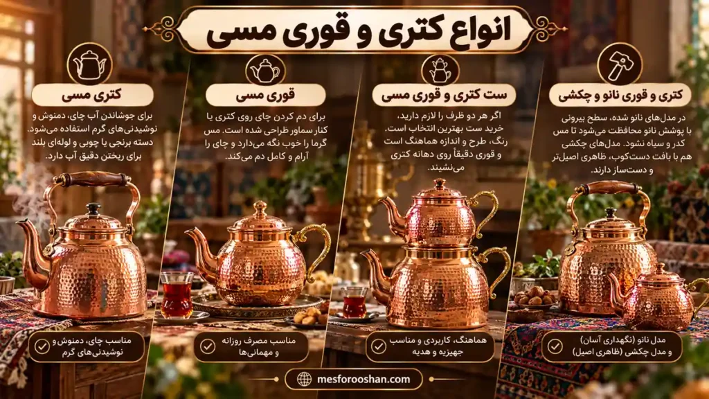 انواع کتری و قوری مسی شامل کتری مسی، قوری مسی، ست کتری و قوری و مدلهای نانو و چکشی