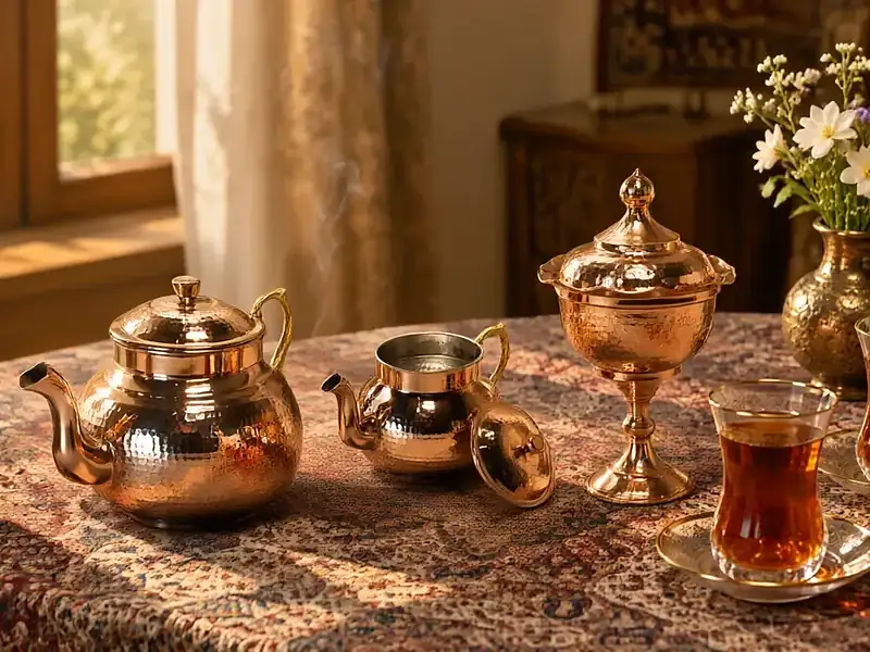 کتری و قوری مسی چکشی و قندان مسی روی سفره ترمه با استکان‌های چای در نور گرم عصر