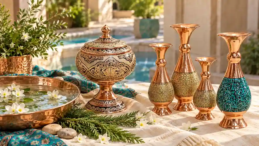 ظروف پذیرایی مسی مس فروشان روی میز پذیرایی