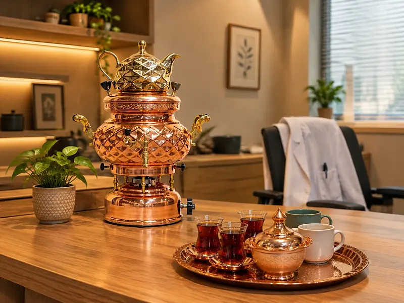 سماور مسی با قوری برنجی و سینی مسی با استکان و قندان در اتاق استراحت کادر درمان