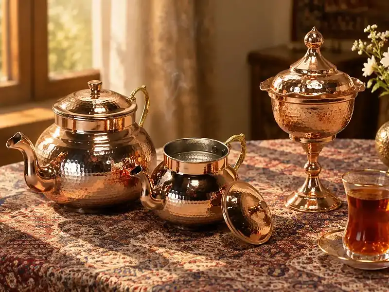 ست کتری و قوری مسی چکشی و قندان پایه‌دار مسی روی رومیزی ترمه کنار استکان چای