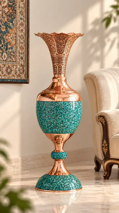 گلدان مسی ایستاده فیروزه کوب با گردن قلمزنی شده، دکوری لوکس و دست‌ساز ایرانی برای پذیرایی